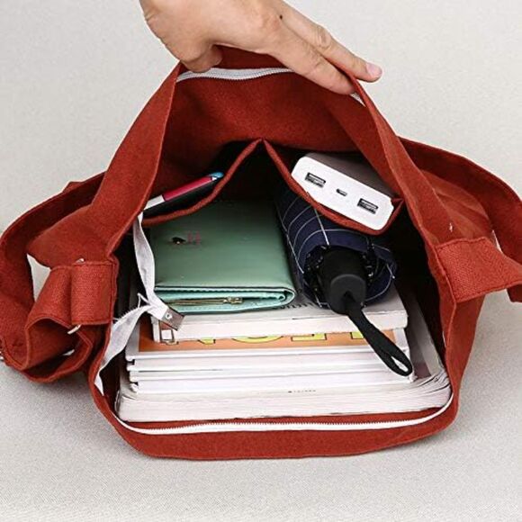 Women's Red Brown Imported Canvas Retro Large Size Shoulder Crossbody Tote Bag - Picture 3 of 4